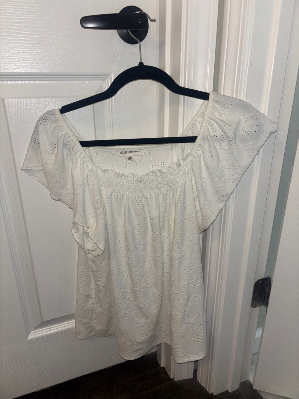 Perseption Concepr White Eyelet Off-Shoulder Blouse